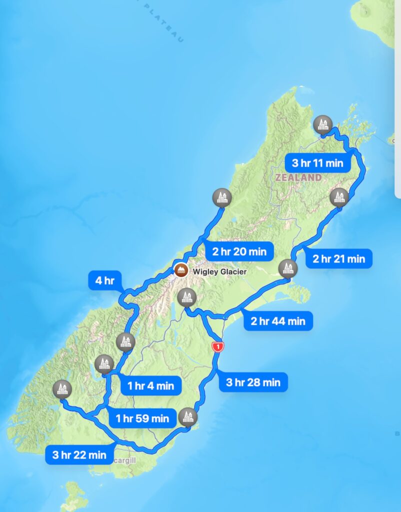 A road trip map of New Zealand's South Island.