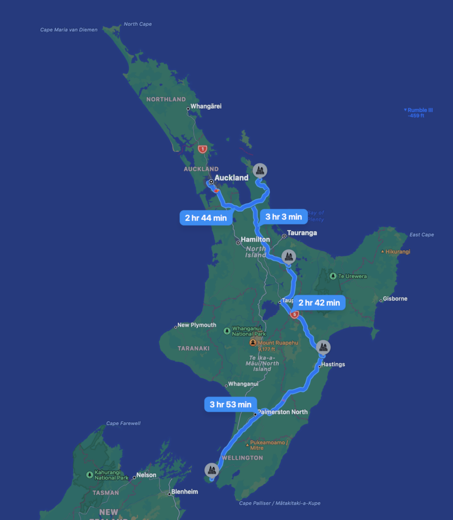 A road trip route map of New Zealand's north island.